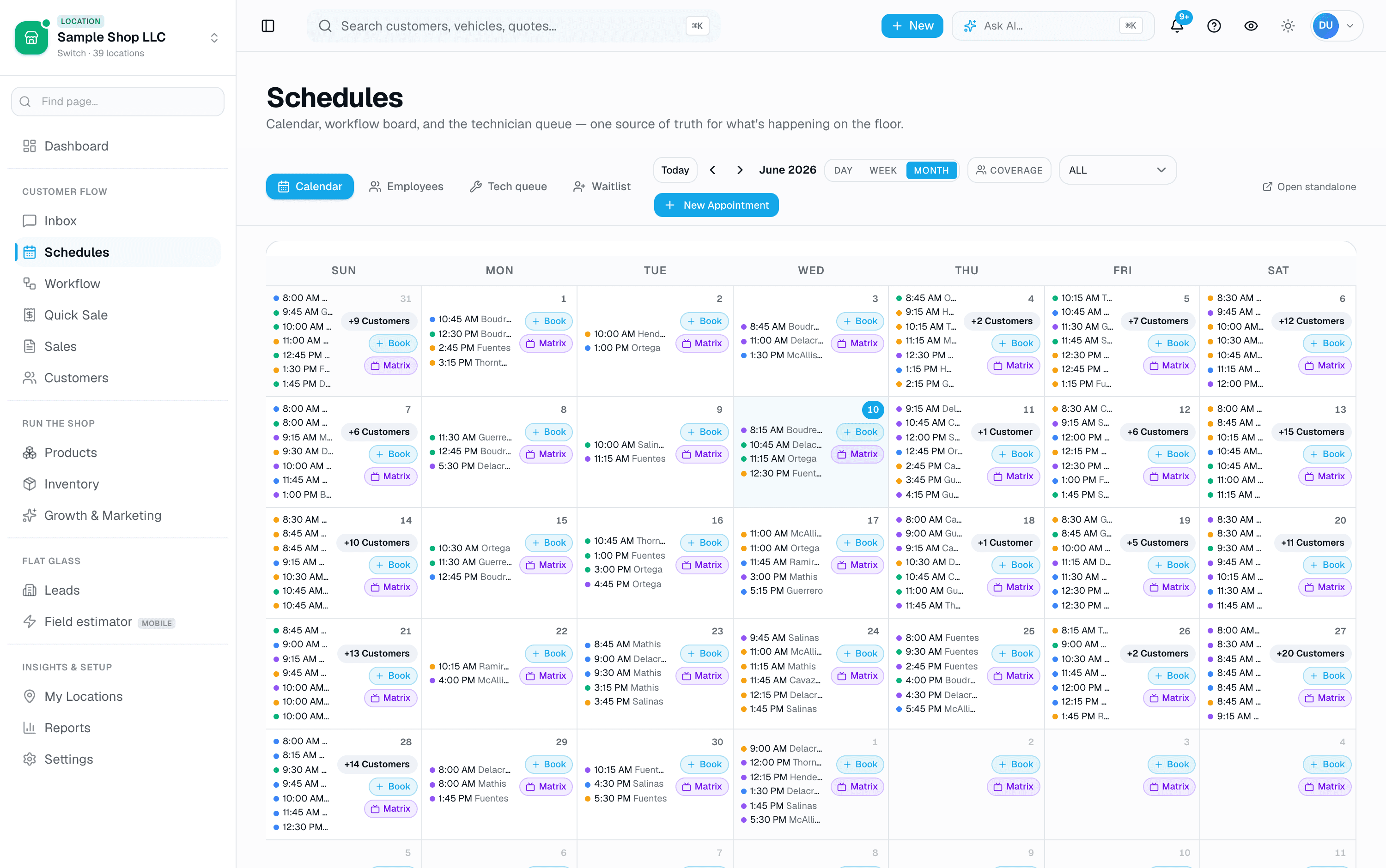 A real month at a packed shop — color-coded tint, PPF, and detail appointments with one-tap Book and Sales Matrix entry on every day.