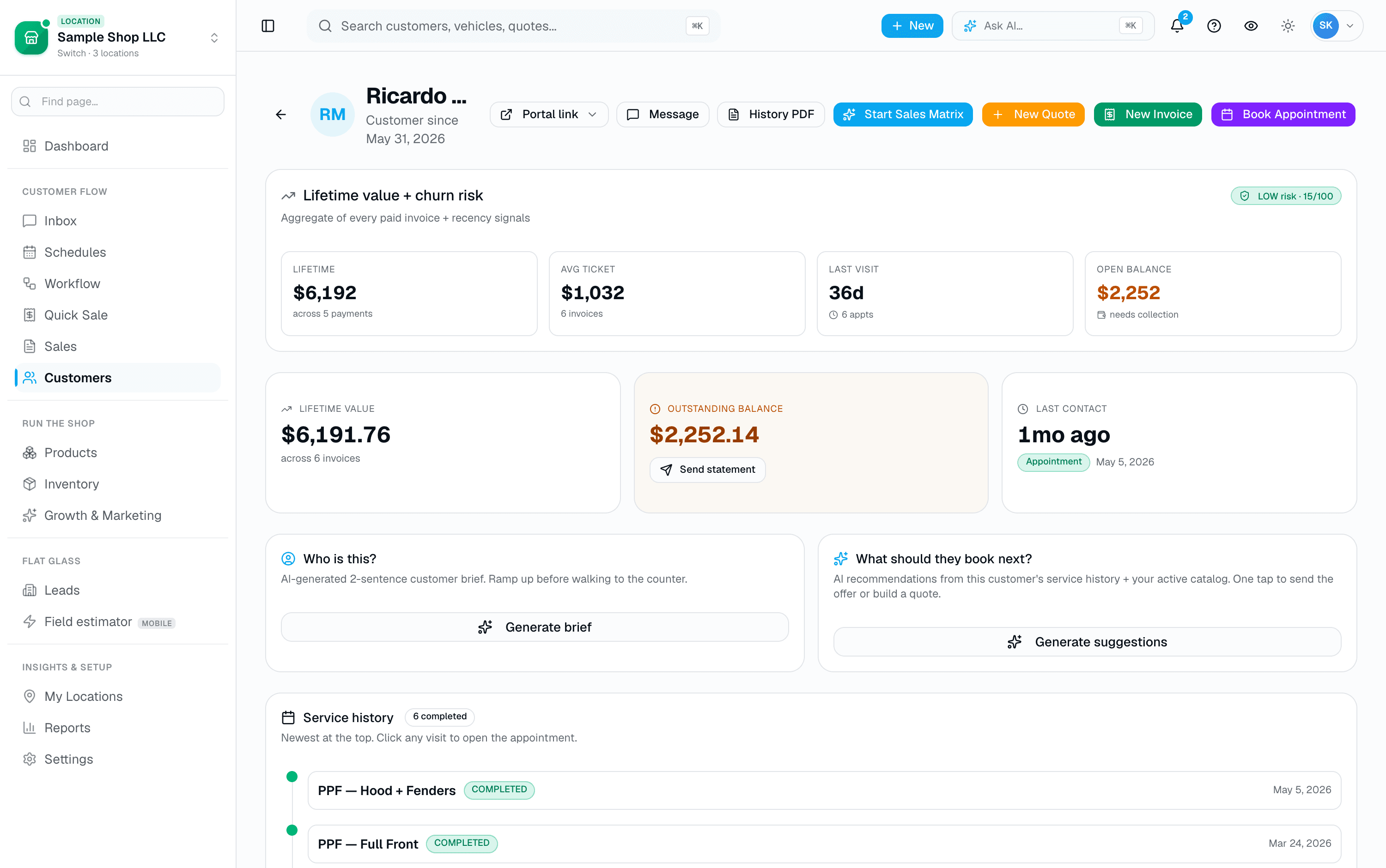 Lifetime value, churn risk, open balance, AI customer brief, and the full service history — all on one screen.
