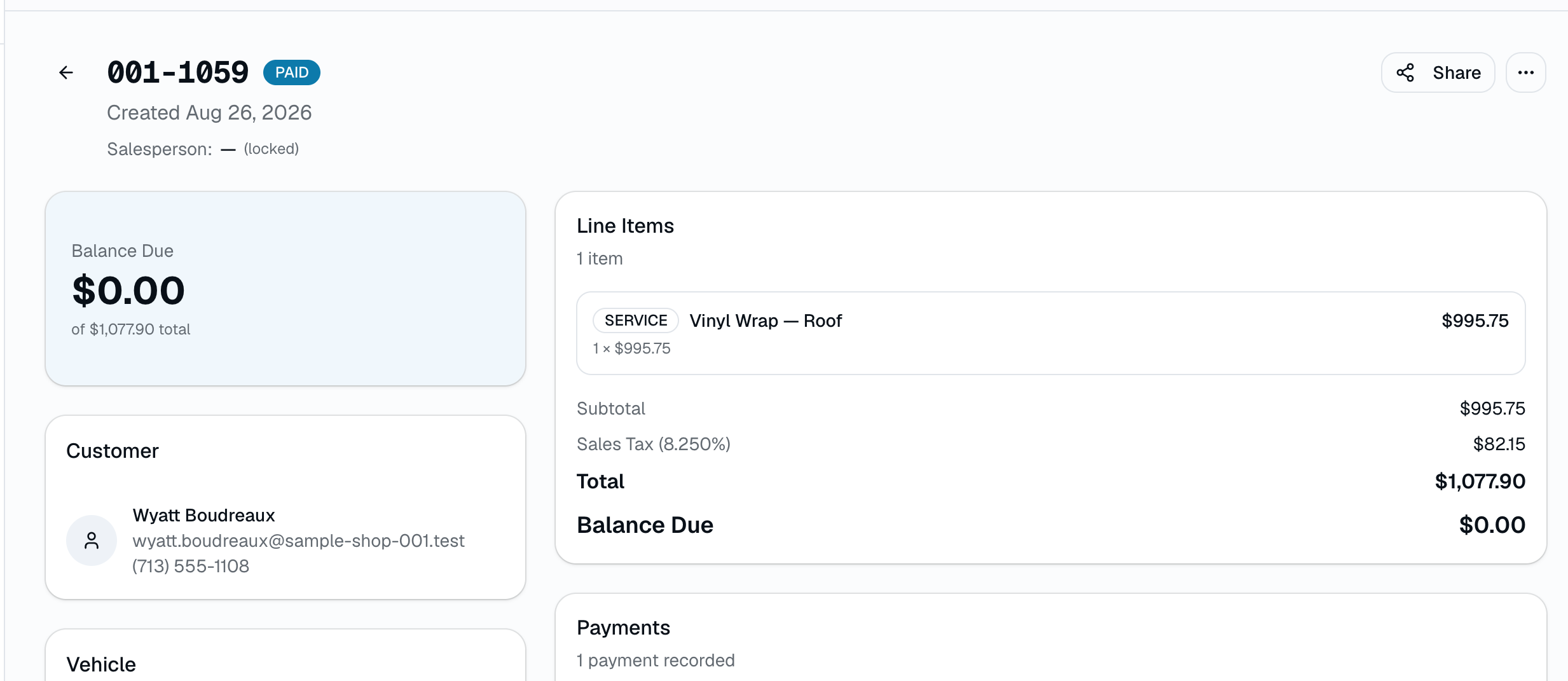 A paid SalesThumb invoice with its line item, tax, total and balance due, captured from the Test Drive sample shop