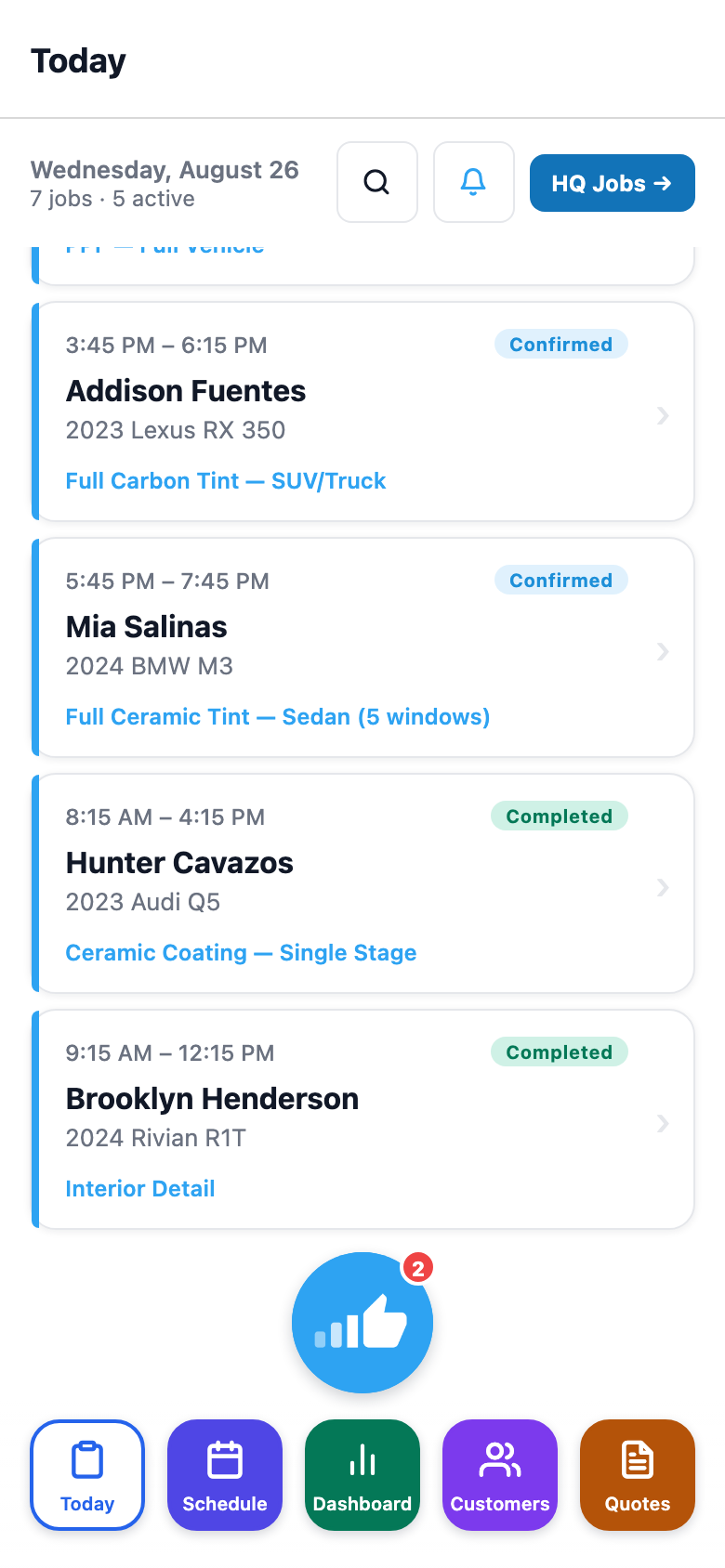 The SalesThumb phone app's Today screen with the day's tint and PPF jobs, captured from the Test Drive sample shop